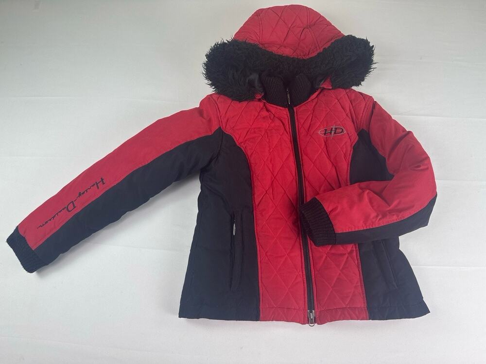 Harley Davidson Womens M Red Black Quilted Hooded Jacket Faux Fur Coat